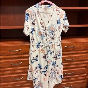 Cream Flowered Knee Length Dress